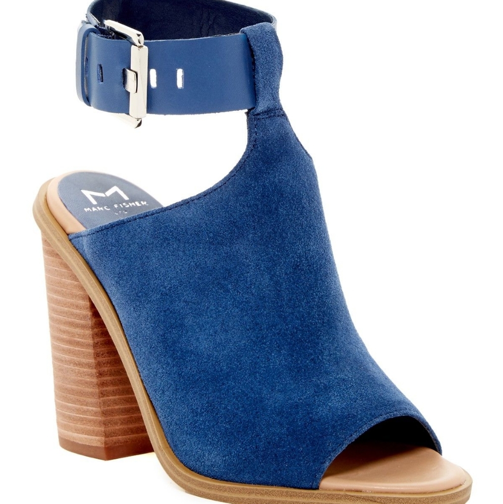 Marc Fisher Vashi Blue Suede Ankle Strap Block Heel Sexy Casual Sandal 7.5